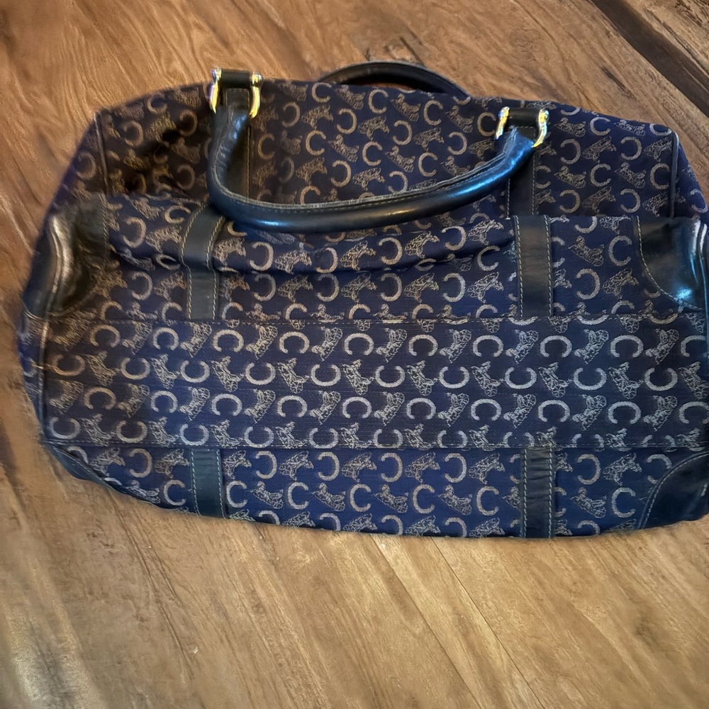 Vintage Celine Boston Bag in Navy Blue with a Triomphe Monogram.